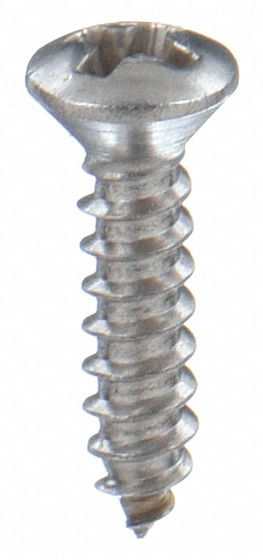 Sheet Metal Screw: #4 Size, 1 in Lg, Stainless Steel, Plain, Phillips, Oval, 100 PK