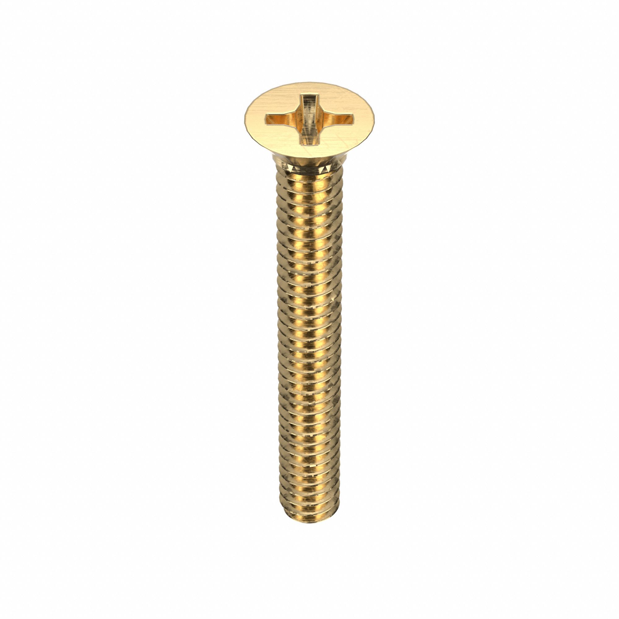 Machine Screw: #10-24 Thread Size, 1 1/2 in Lg, Brass, Plain, Flat, Phillips, Machine Screw, 50 PK