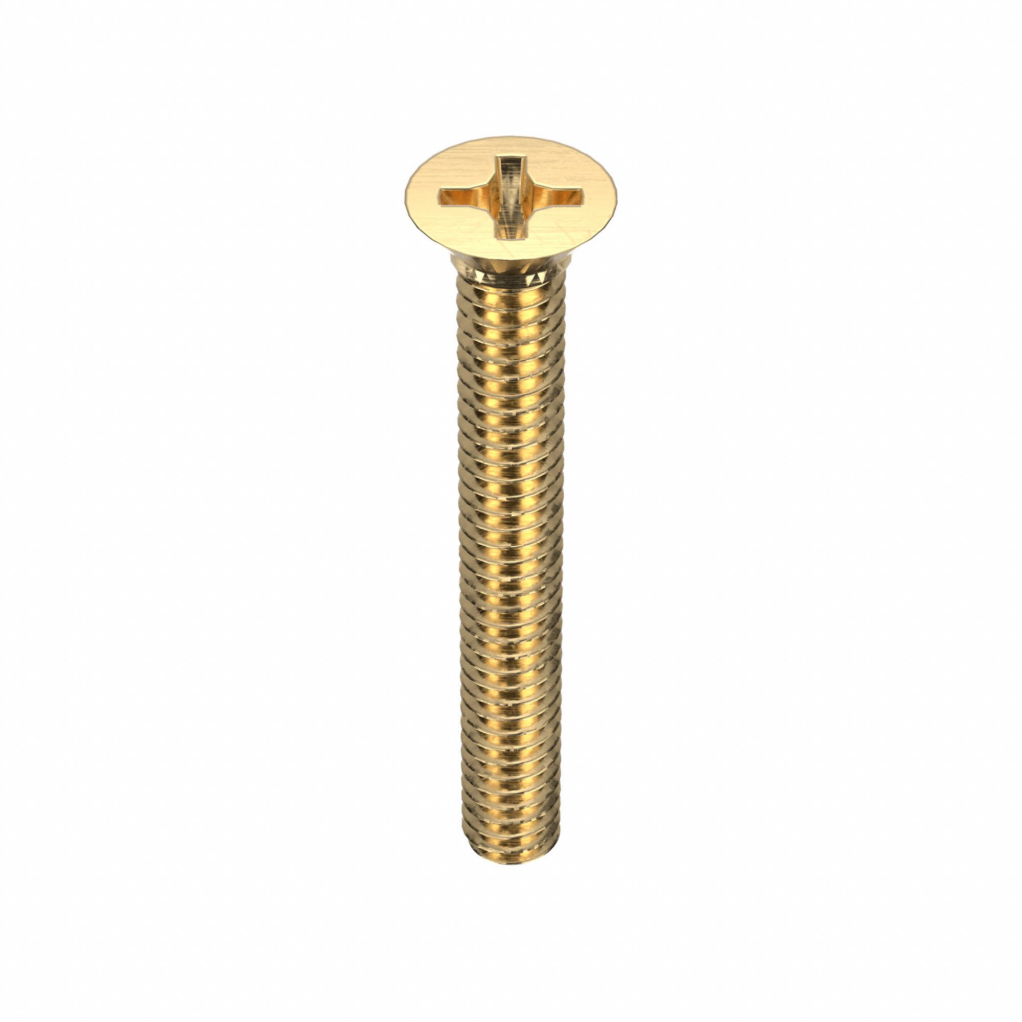 Machine Screw: 1/4"-20 Thread Size, 2 in Lg, Brass, Plain, Flat, Phillips, Machine Screw, 50 PK