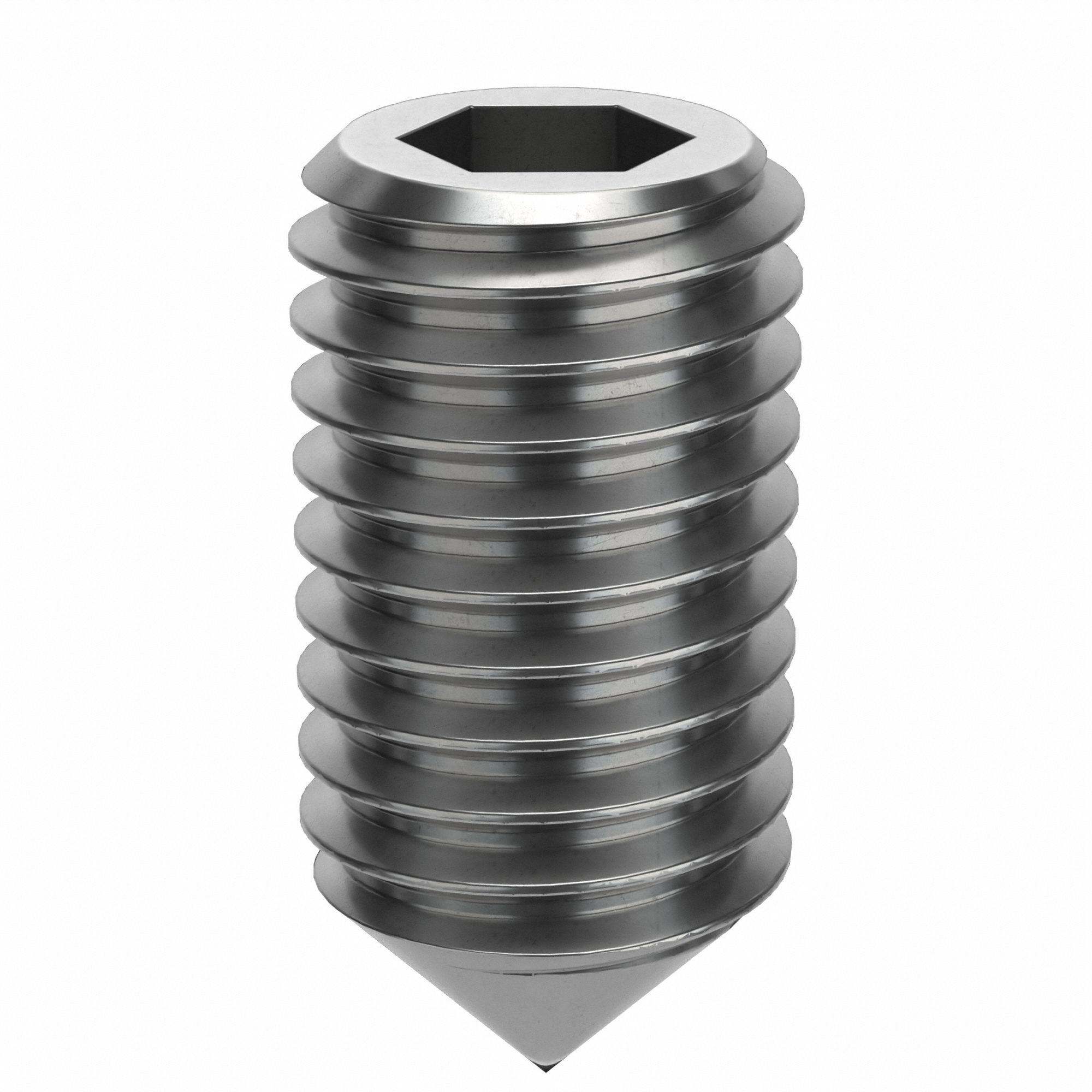 Socket Set Screw: M10x1.5 Thread Size, 20 mm Overall Lg, Cone pt, Stainless Steel, Plain, 50 PK