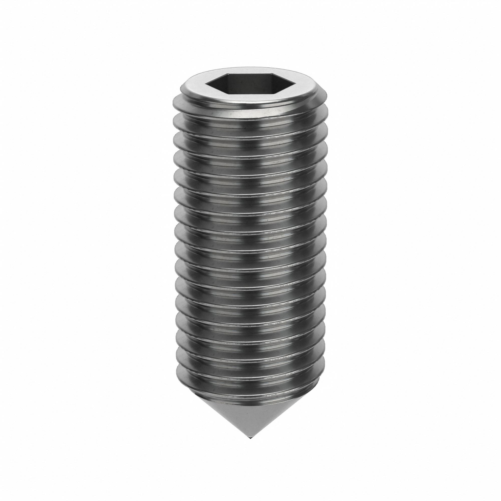 Socket Set Screw: M16x2 Thread Size, 40 mm Overall Lg, Cone pt, Stainless Steel, Plain, 25 PK