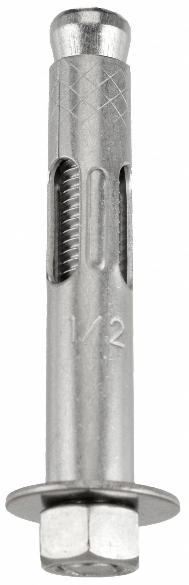 Sleeve Anchor: 3 in Overall Lg, 1/2 in Dia, 3/8" Thread Size, Stainless Steel, 10 PK