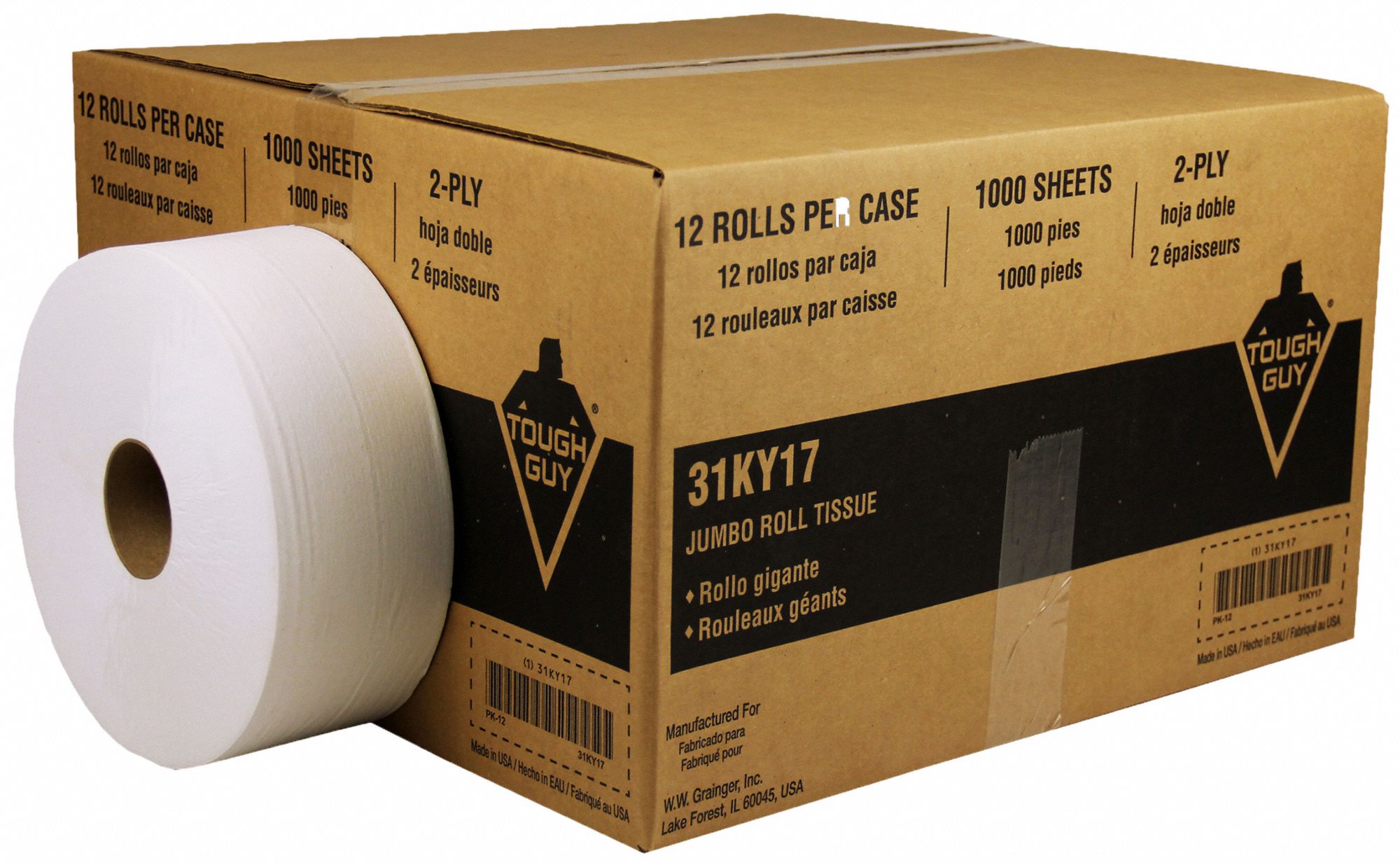 TOUGH GUY Toilet Paper Roll Jumbo Core, 2 Ply, Continuous Sheets, 1,000 ft Roll Lg, 3 3/8 in