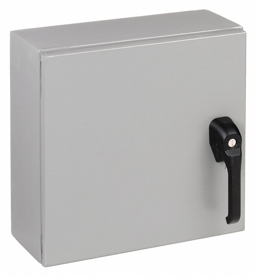 Enclosure: Steel, 12 in x 12 in x 6 in, NEMA 12/13/3R/4, Solid Cover, Hinged, Painted