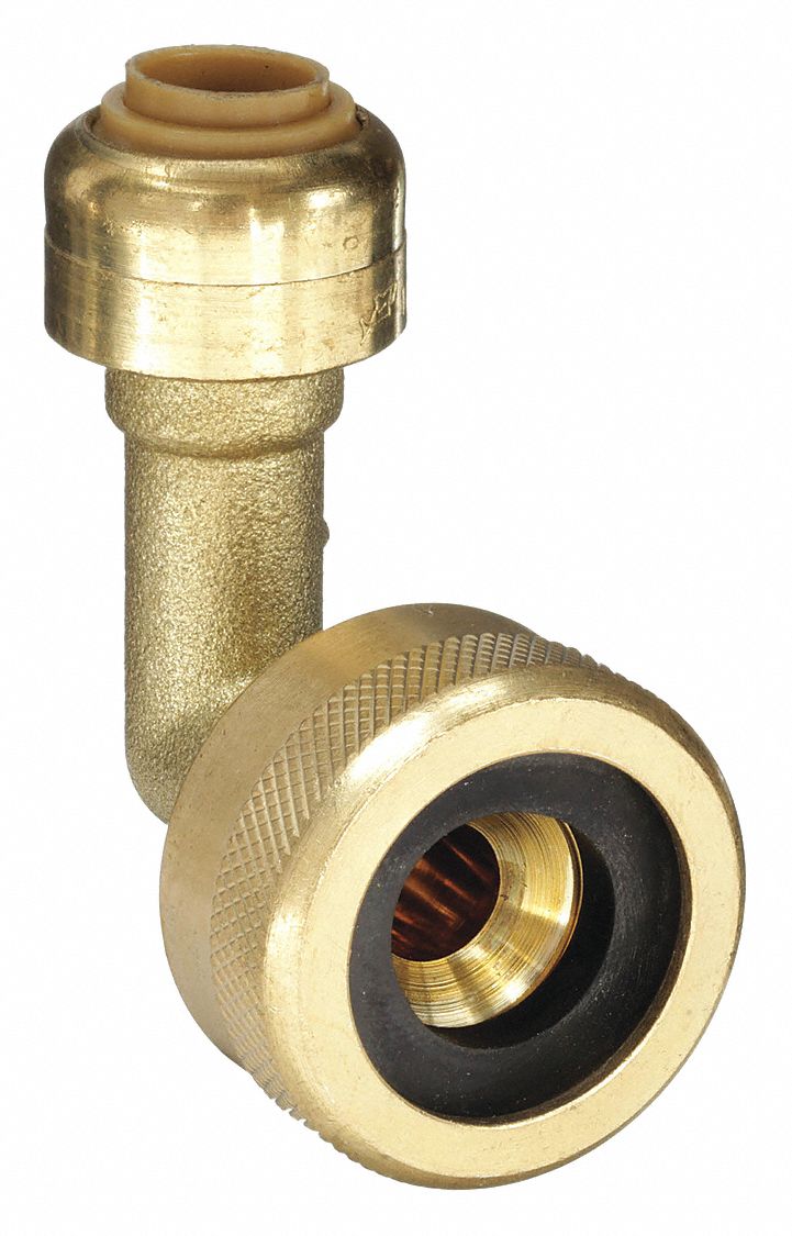 Push-Fit Elbow Fitting: 1/4 in OD x 3/4 in Pipe Size, Push-to-Connect x GHT, Brass