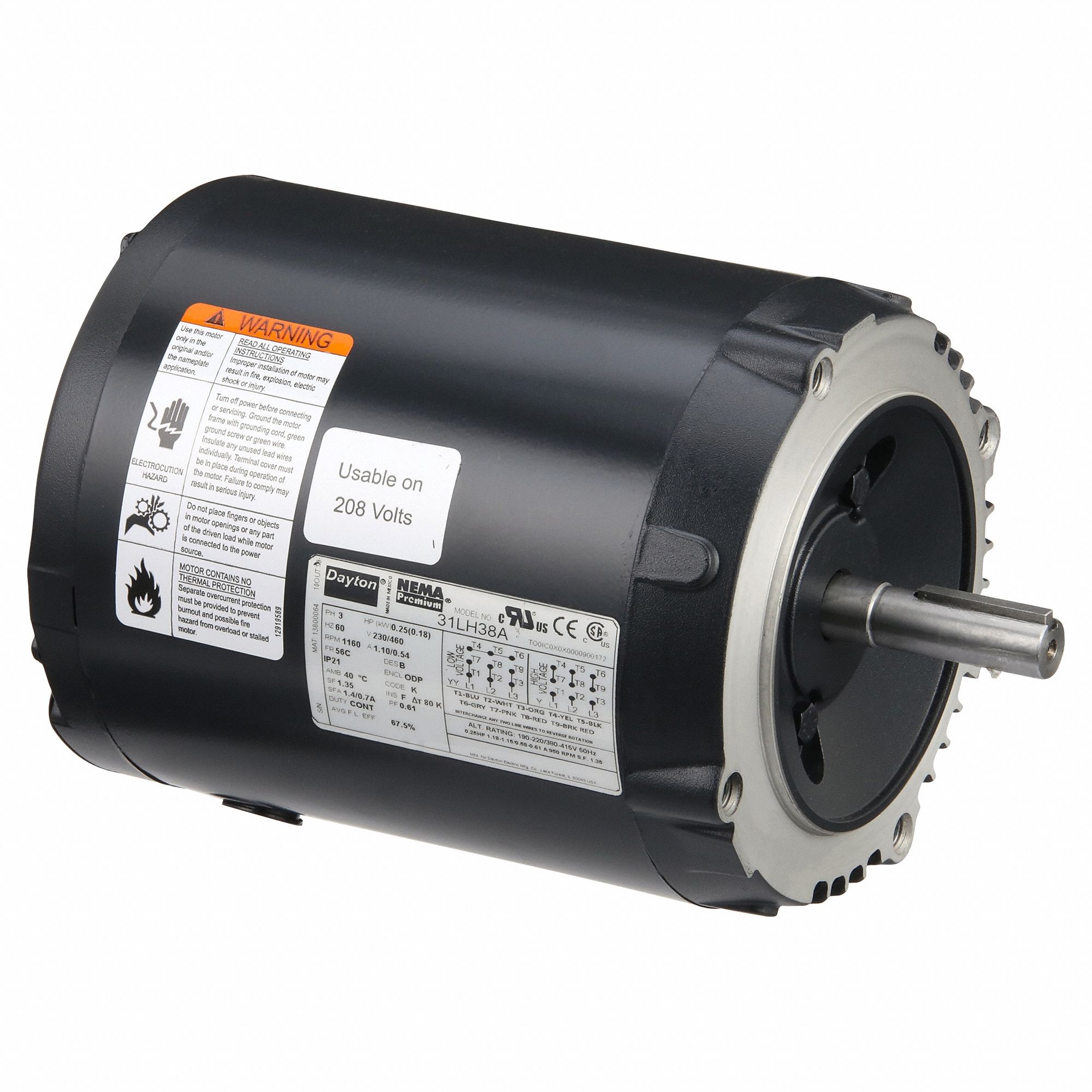 General Purpose Motor: Open Drip Proof, C-Face Mount, 1/4 HP, 1160 Nameplate RPM, 230/460V AC