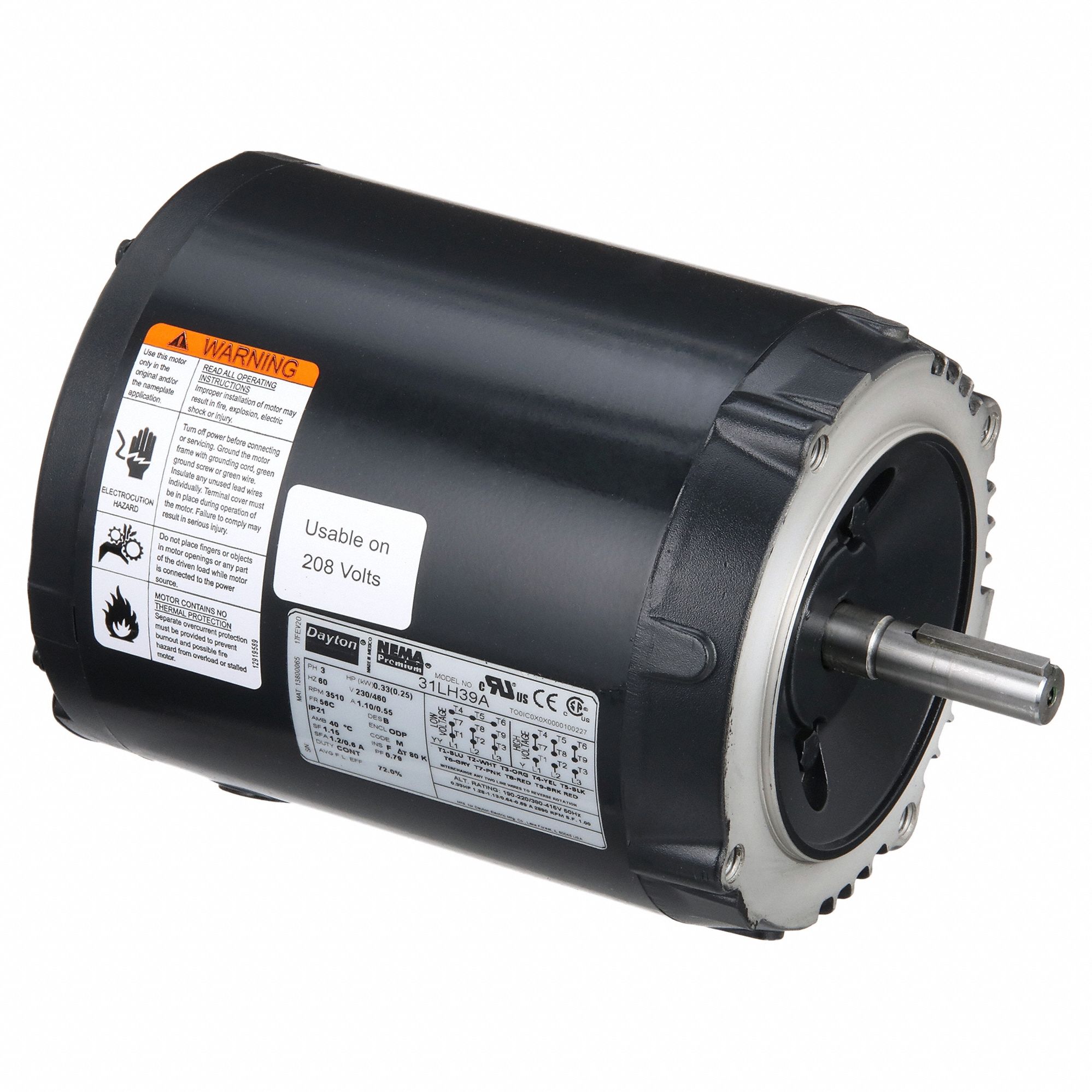 General Purpose Motor: Open Drip Proof, C-Face Mount, 1/3 HP, 3510 Nameplate RPM, 230/460V AC
