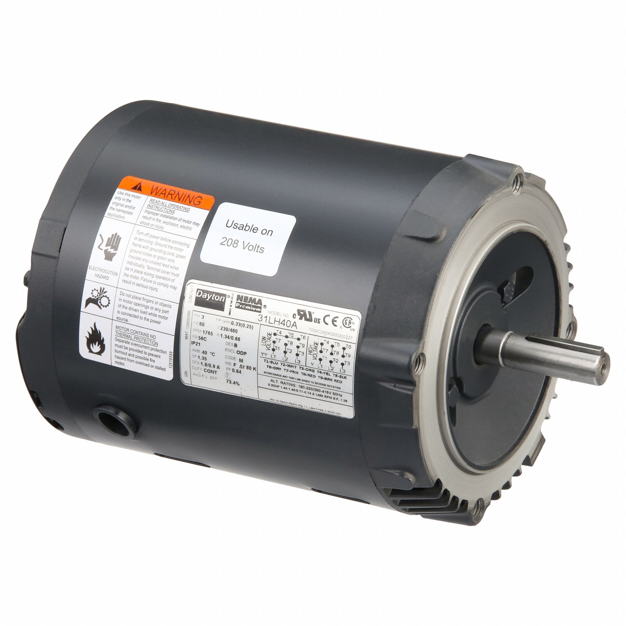 General Purpose Motor: Open Drip Proof, C-Face Mount, 1/3 HP, 1765 Nameplate RPM, 230/460V AC