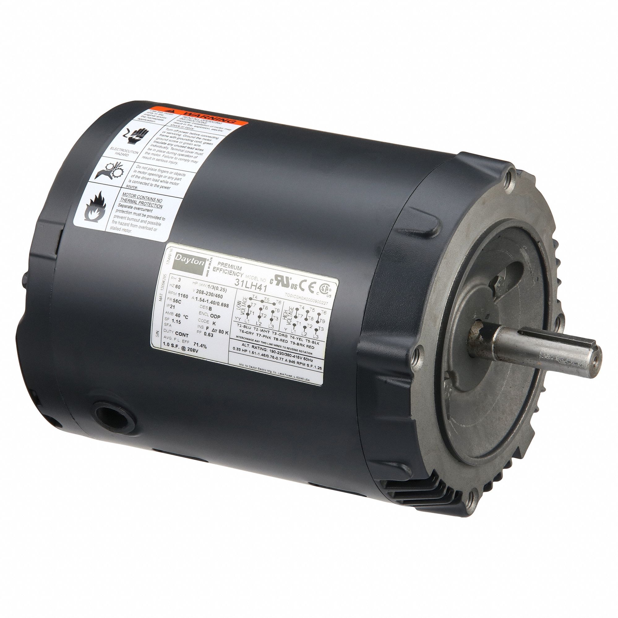 General Purpose Motor: Open Drip Proof, C-Face Mount, 1/3 HP, 1160 Nameplate RPM, 230/460V AC