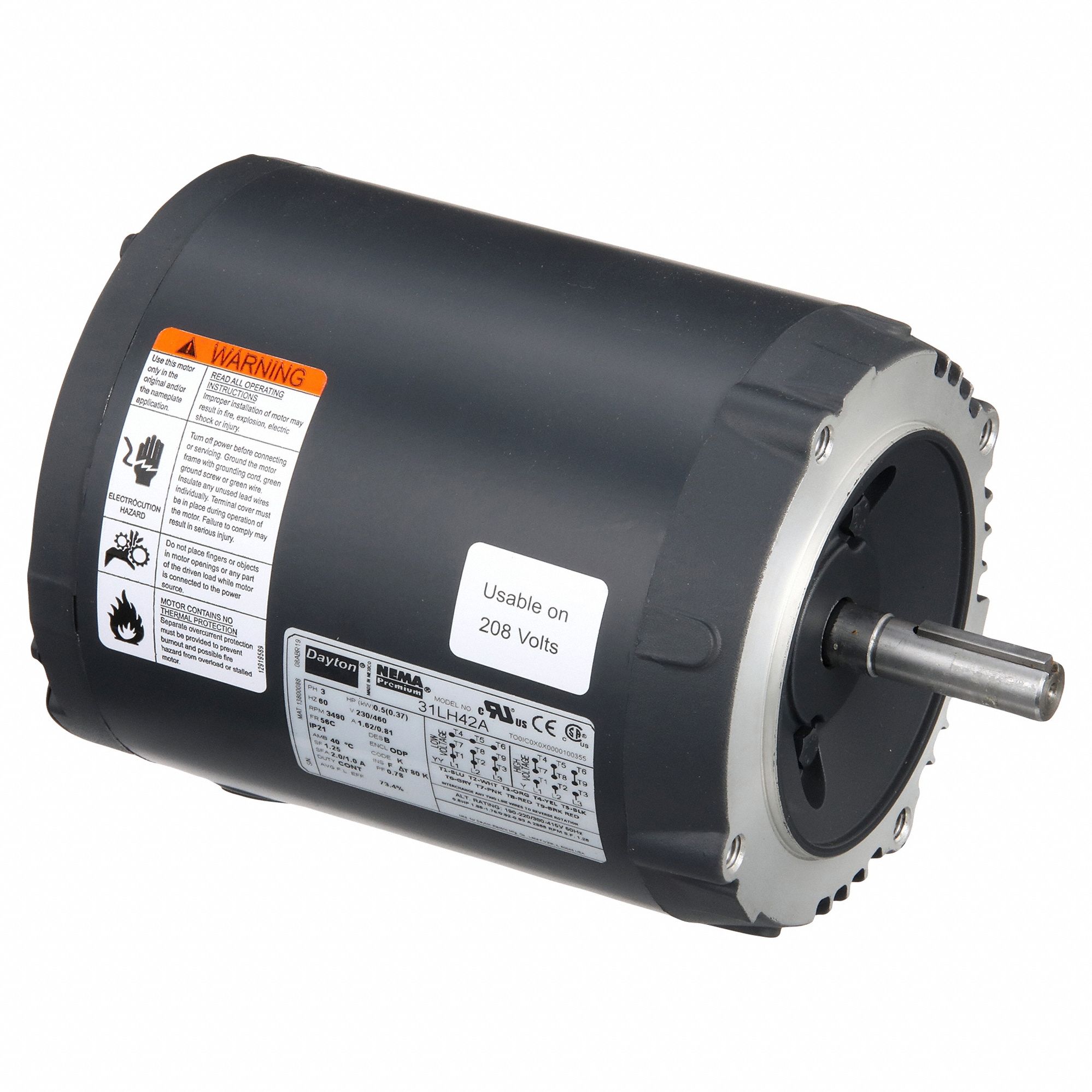 General Purpose Motor: Open Drip Proof, C-Face Mount, 1/2 HP, 3490 Nameplate RPM, 230/460V AC