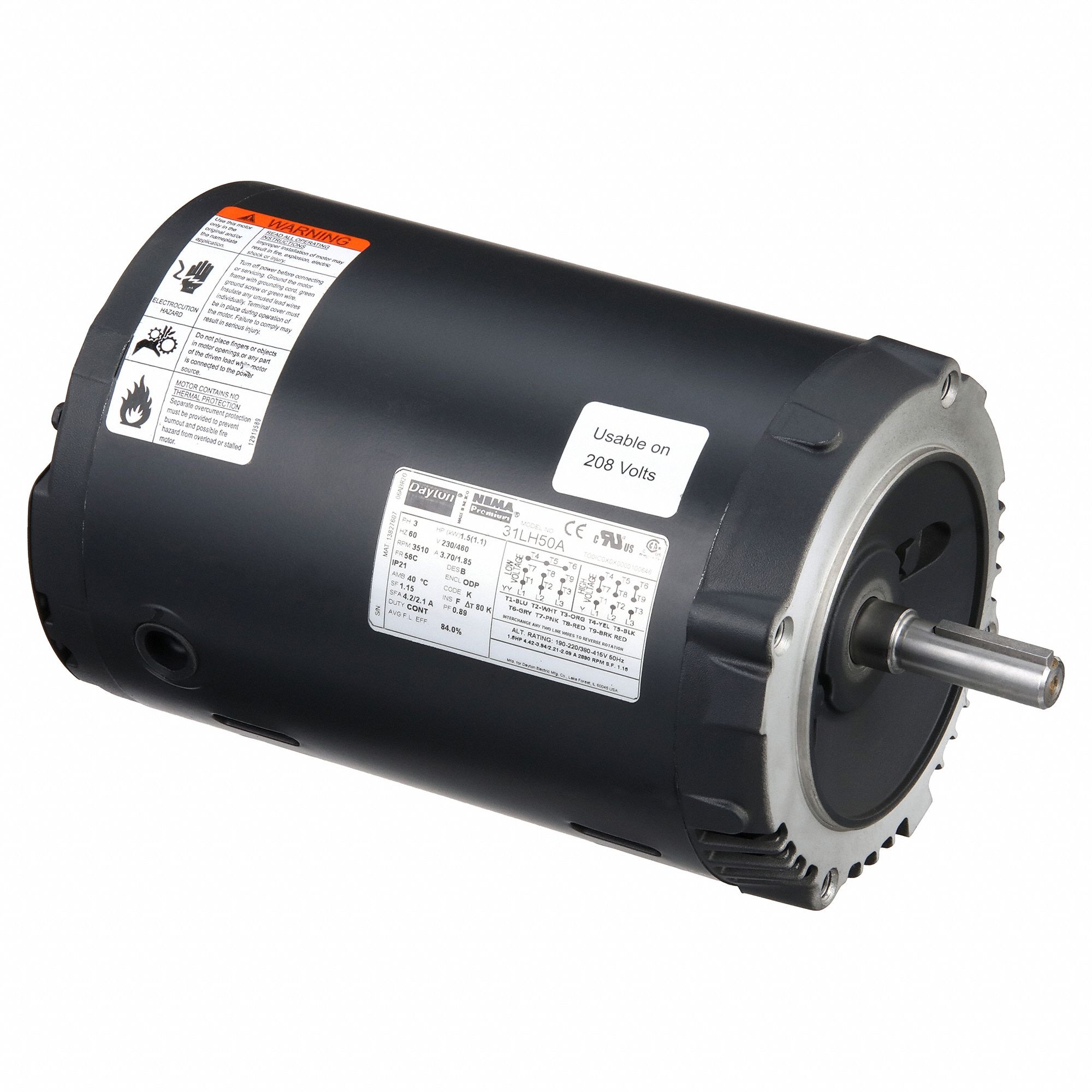 General Purpose Motor: Open Drip Proof, C-Face Mount, 1 1/2 HP, 3510 Nameplate RPM, 56C Frame