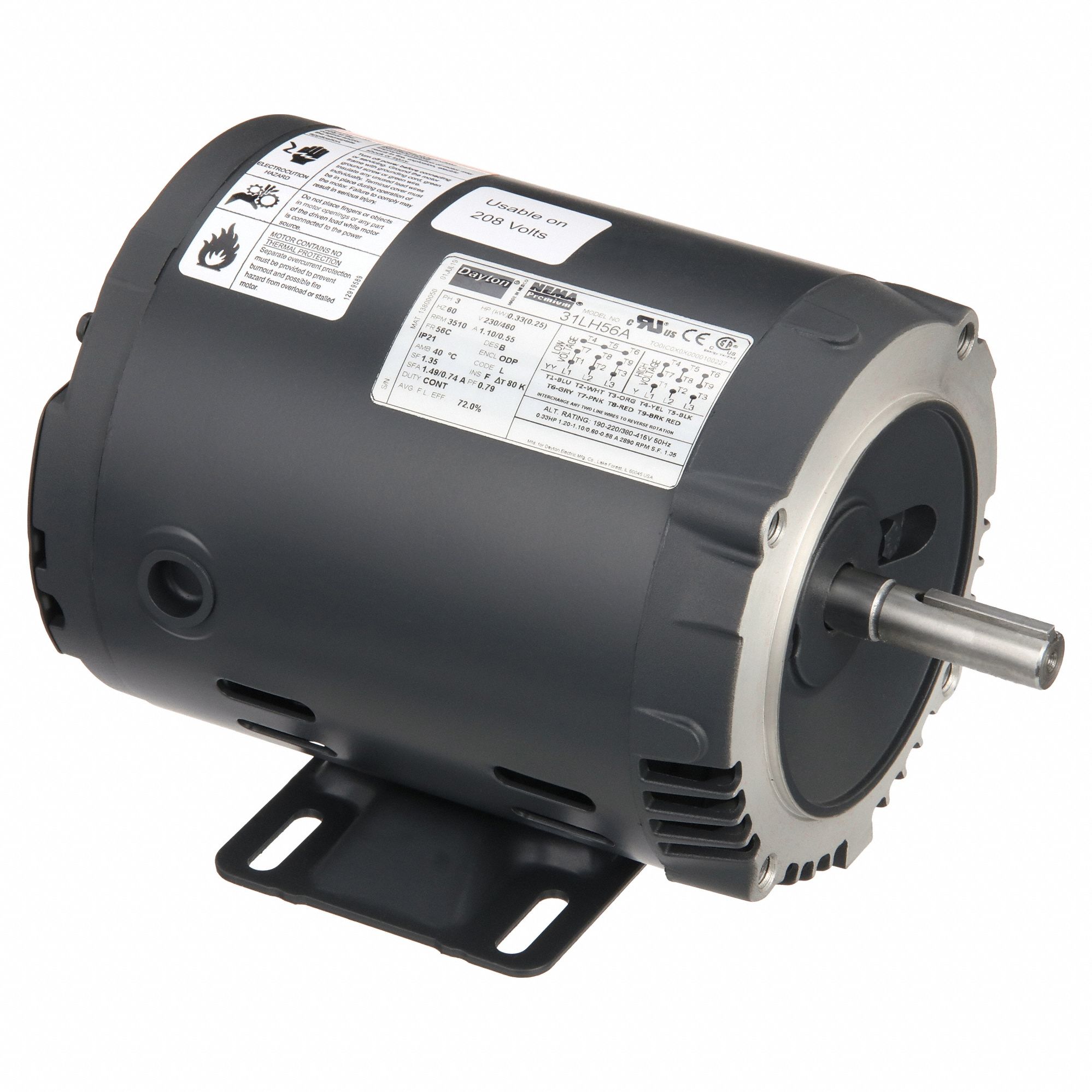 General Purpose Motor: Open Drip Proof, C-Face/Rigid Base Mount, 1/3 HP, 3510 Nameplate RPM