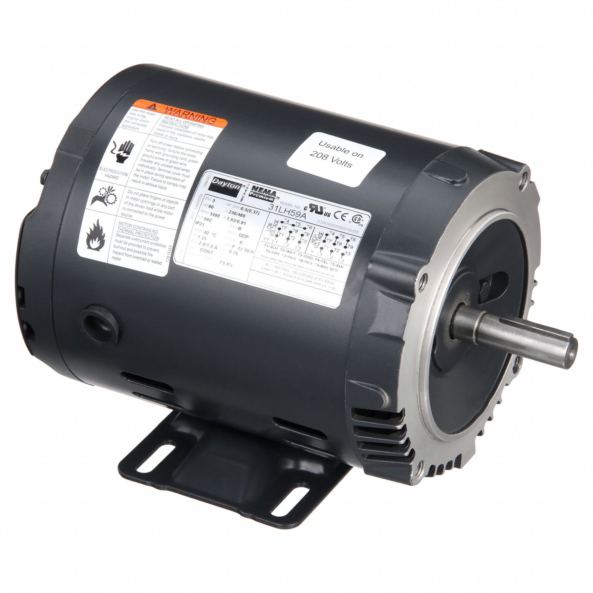 General Purpose Motor: Open Drip Proof, C-Face/Rigid Base Mount, 1/2 HP, 3490 Nameplate RPM