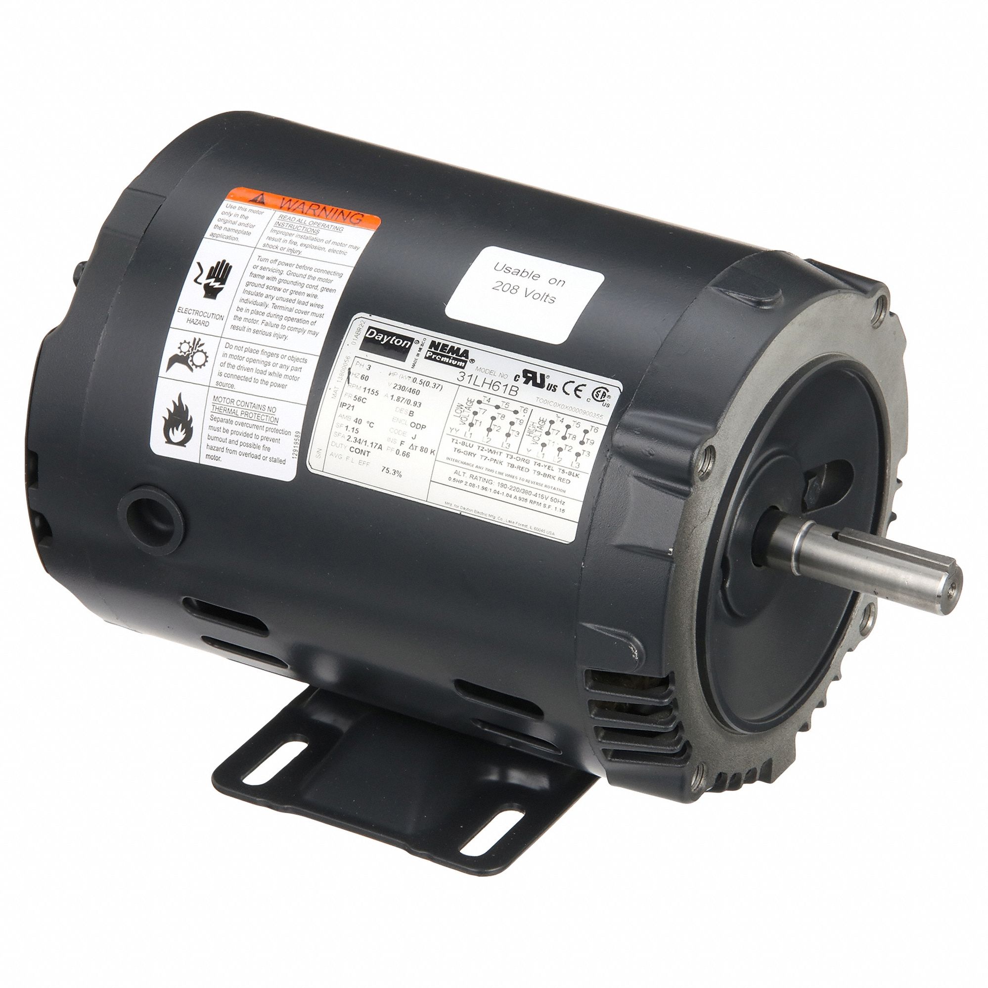 General Purpose Motor: Open Drip Proof, C-Face/Rigid Base Mount, 1/2 HP, 1, 155 Nameplate RPM