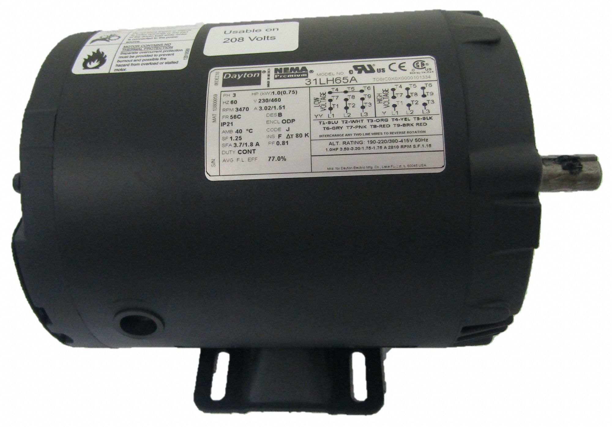 DAYTON General Purpose Motor, 1 HP, 3-Phase, Nameplate RPM 3,470 ...