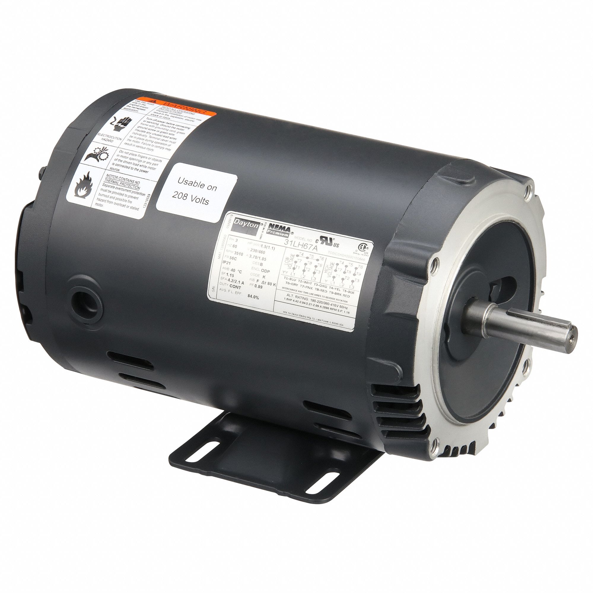 General Purpose Motor: Open Drip Proof, C-Face/Rigid Base Mount, 1 1/2 HP, 3510 Nameplate RPM