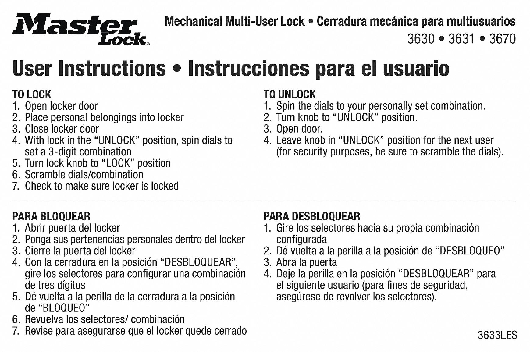 Master Lock Instruction Magnet English Spanish Pk10 31mh11