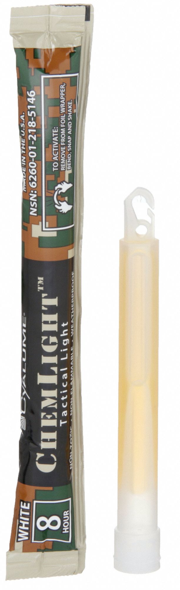 Lightstick: White, 8 hr Light Duration, 6 in Overall Lg, Stick, Single-Use, 10 PK