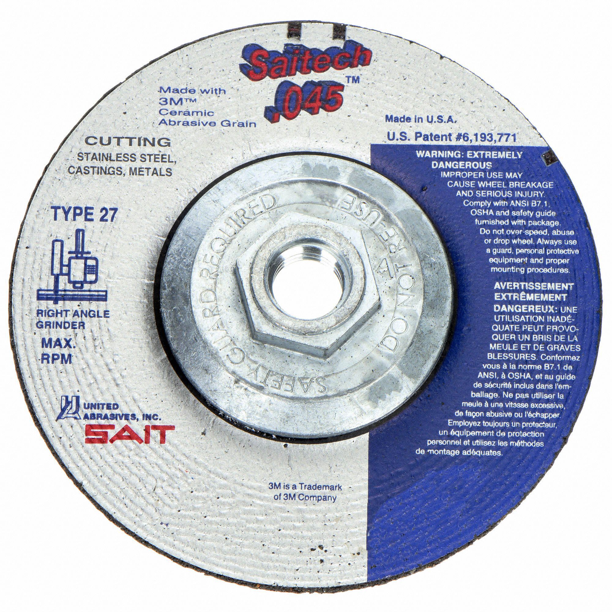 Depressed Center Cut-Off Wheel: Type 27, 4 1/2" x 0.045" x 5/8"-11, Ceramic, 60 Grit, Saitech
