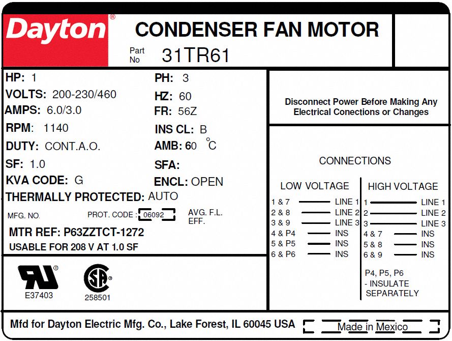 DAYTON Condenser Fan Motor, 1 HP, 3Phase, Nameplate RPM 1,140, No. of