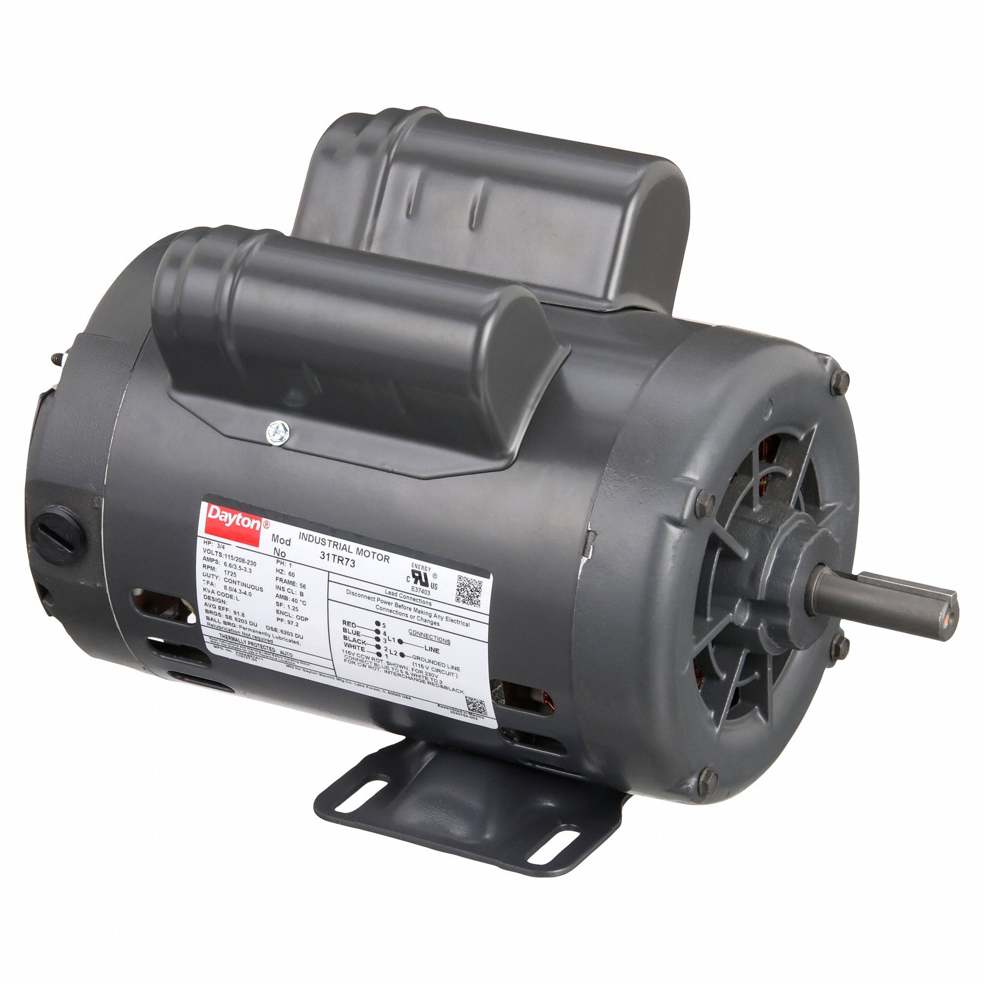 General Purpose Motor: Single Phase, 3/4 hp, 115/208-230V AC, 56 Frame Size, 1, 725 RPM, 60 Hz