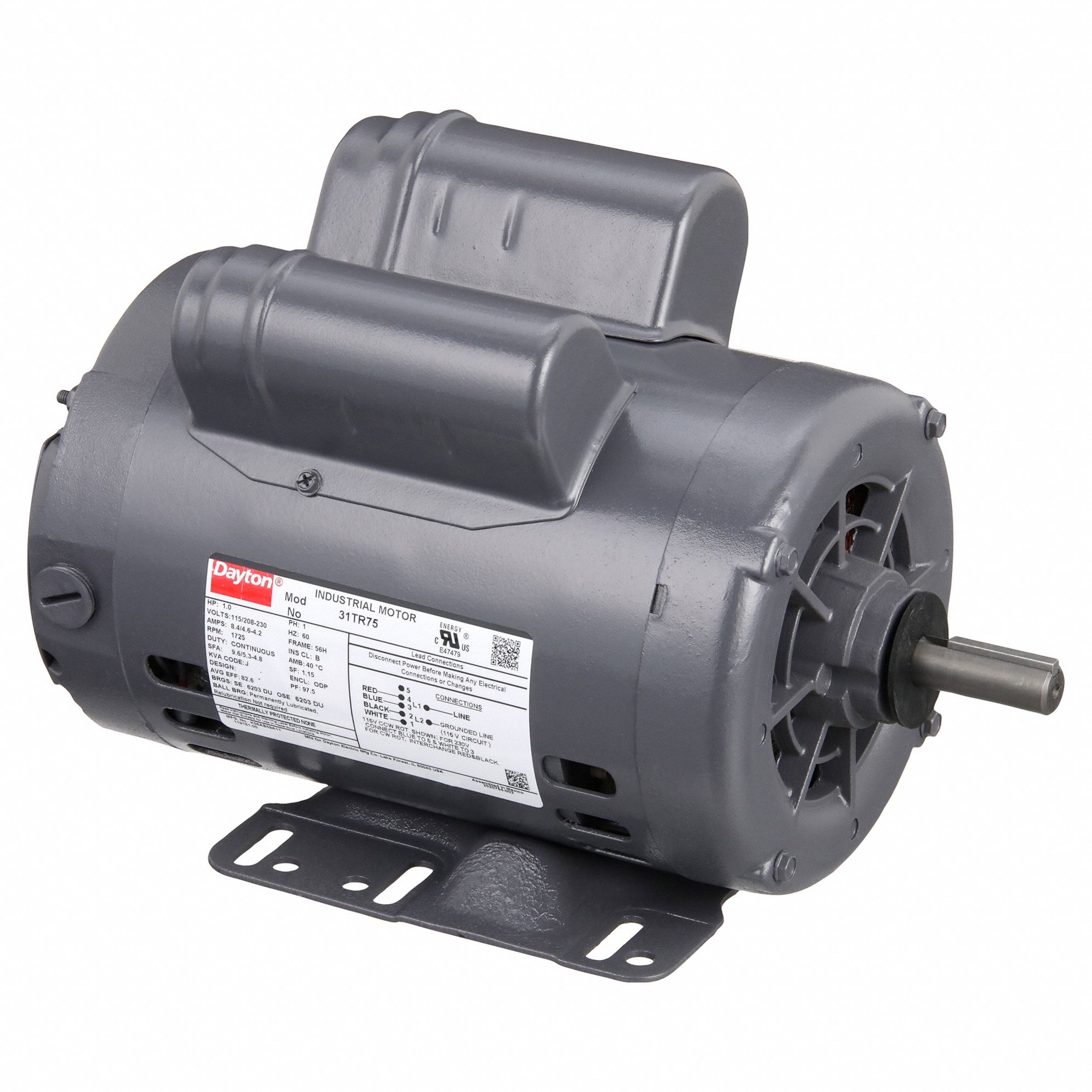 General Purpose Motor: Single Phase, 1 hp, 115/208-230V AC, 56H Frame Size, 5/8 in x 1 7/8 in