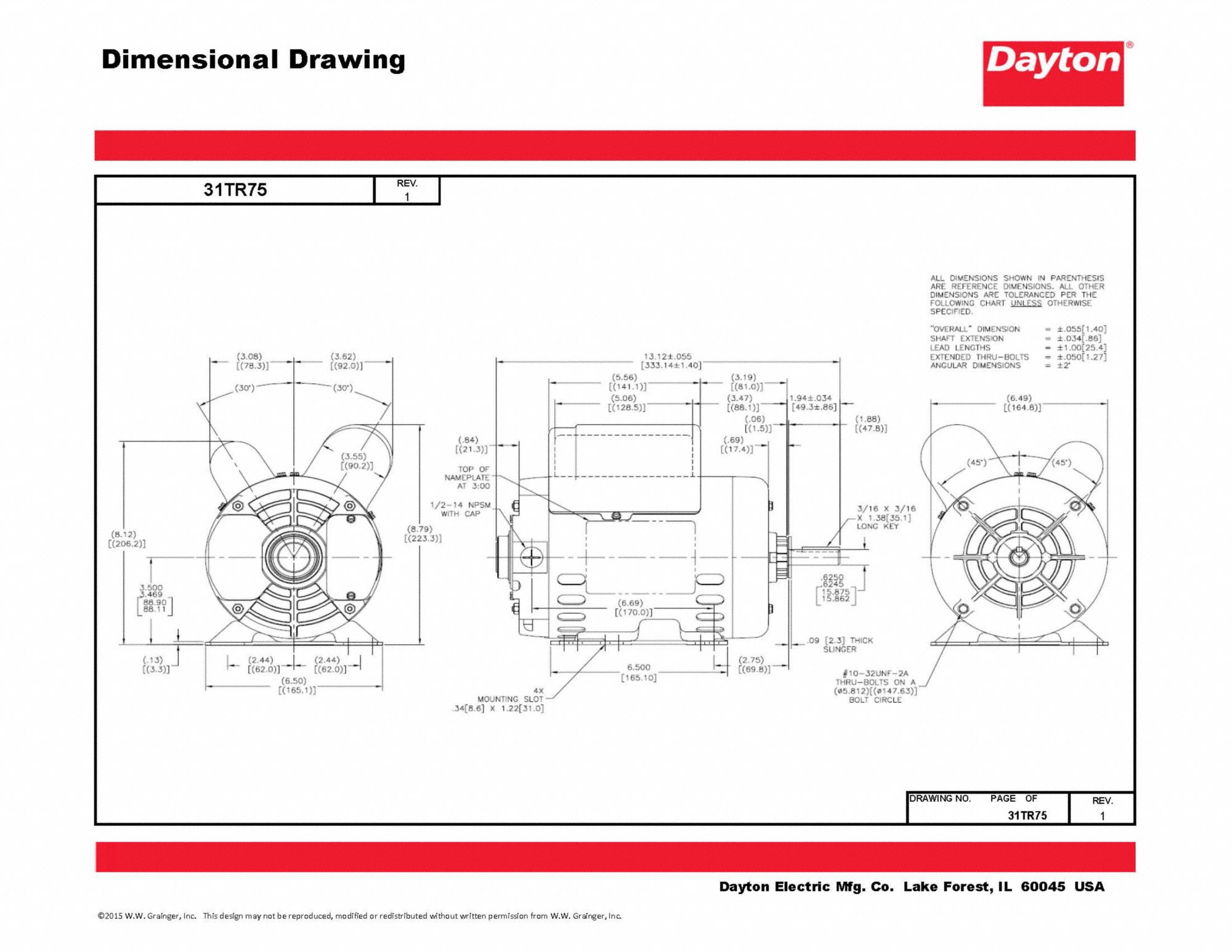 DAYTON General Purpose Motor Open Dripproof, Rigid Base Mount, 1 HP, 1,725 Nameplate RPM, 56H