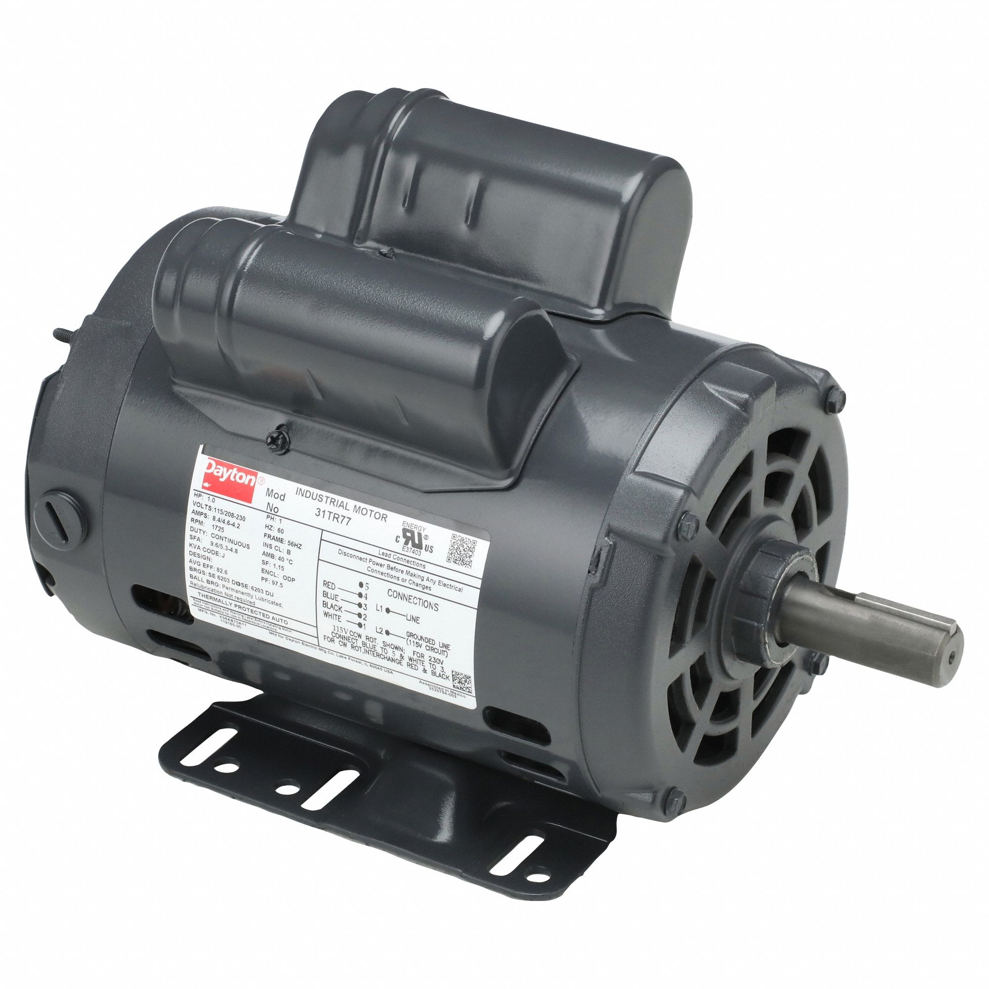 General Purpose Motor: Single Phase, 1 hp, 115/208-230V AC, 56HZ Frame Size, 1, 725 RPM, 60 Hz