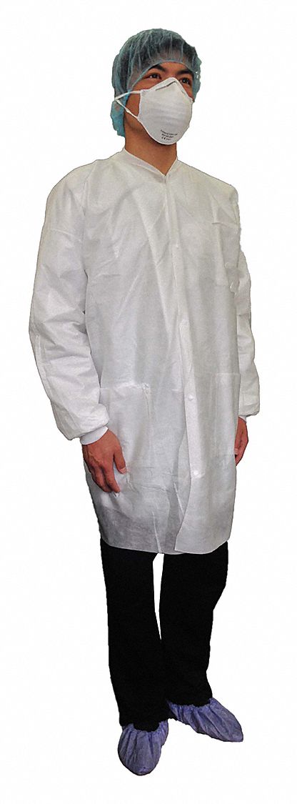 DISPOSABLE LAB COAT, POLYETHYLENE, 3 POCKETS, MANDARIN COLLAR, BUTTON, WHITE, 2XL