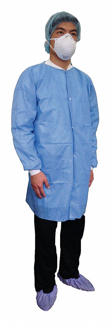 DISPOSABLE LAB COAT, POLYETHYLENE, 3 POCKETS, MANDARIN COLLAR, BUTTON, BLUE, 4XL