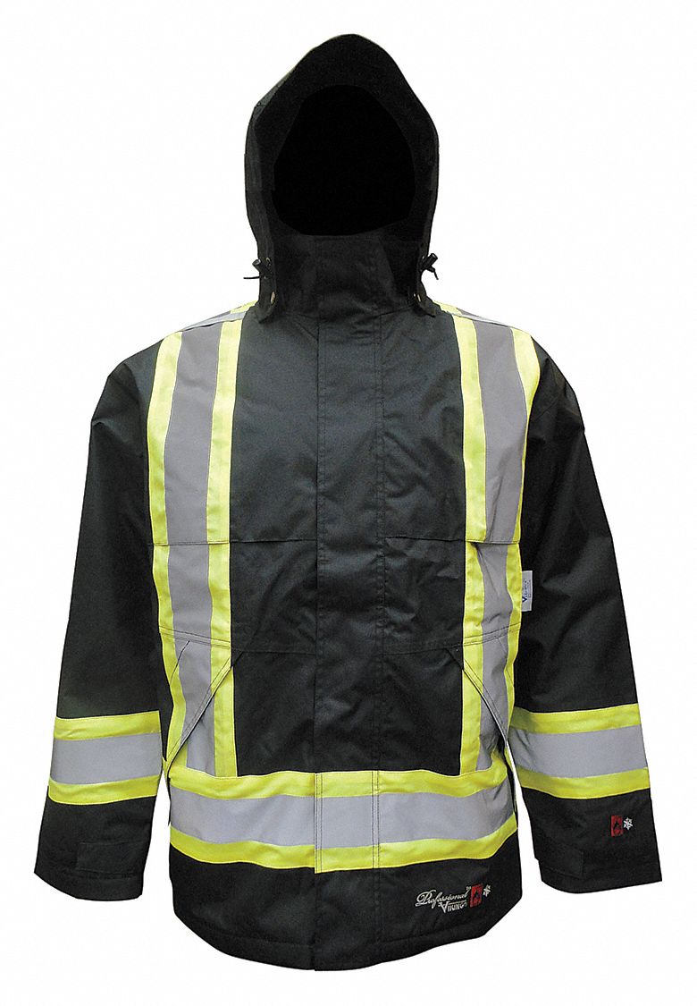 JOURNEYMAN MEN'S FLAME-RESISTANT RAIN JACKET, XL, POLYESTER, BLACK, HI-VIS