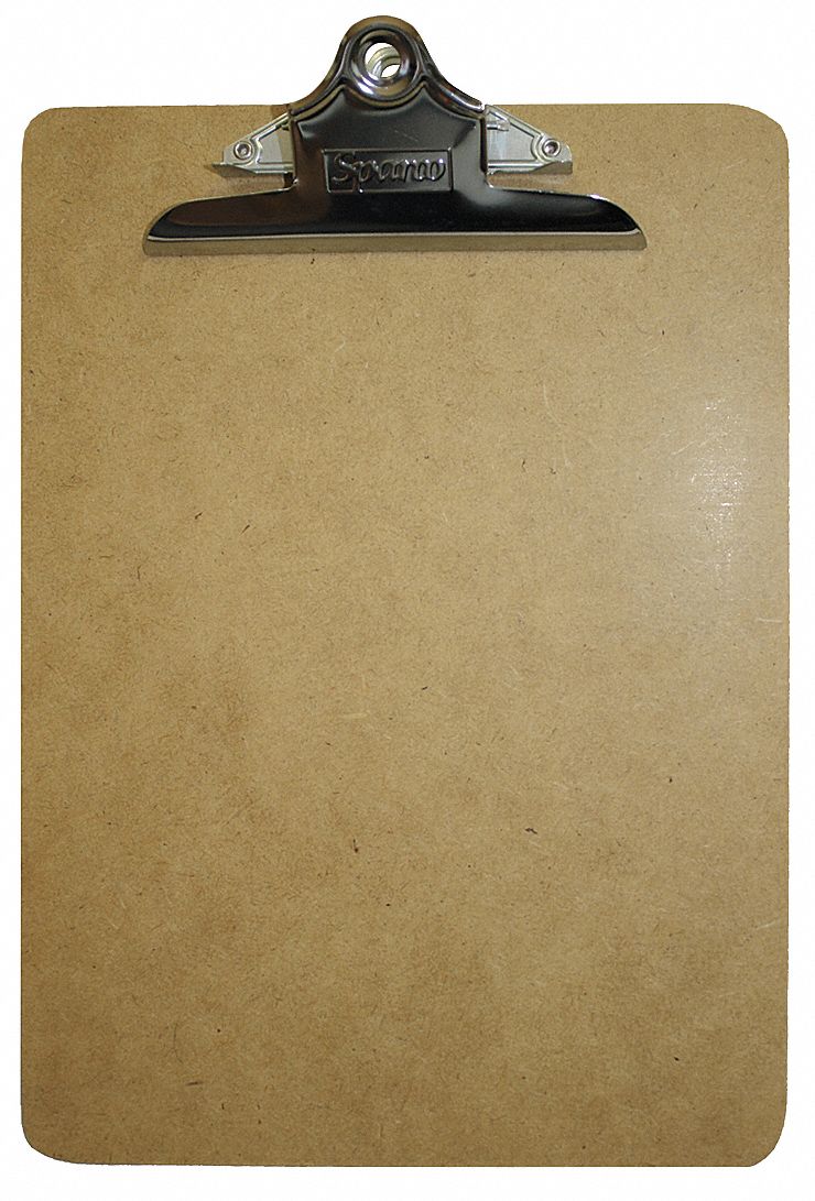 Clipboard: Letter Paper Size Name, Hardboard, 1 in Clip Capacity, 9 1/2 in Overall Wd, Tan
