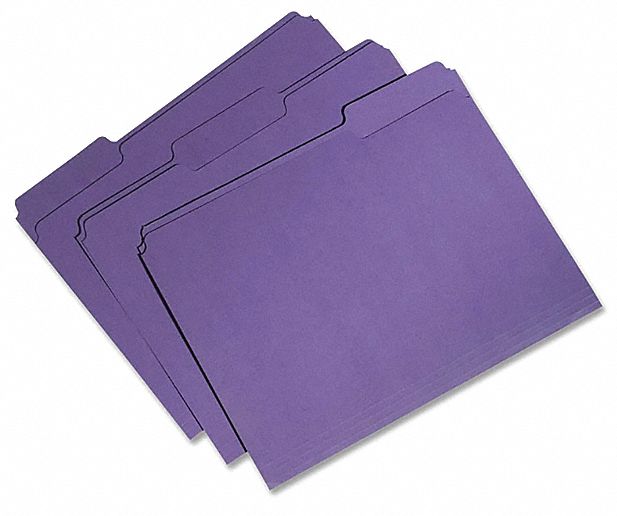 File Folders: 8 1/2 in Ht, 11 in Wd, Purple, 11 pt. Stock, Top Tab Location, 100 PK