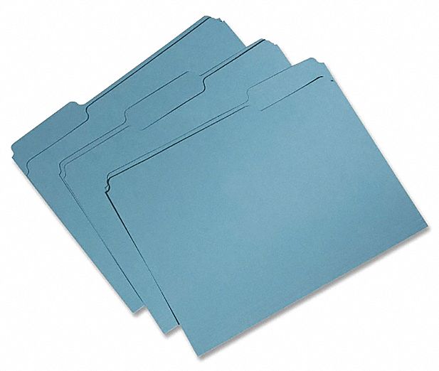 File Folders: 8 1/2 in Ht, 11 in Wd, Blue, 11 pt. Stock, Top Tab Location, 100 PK
