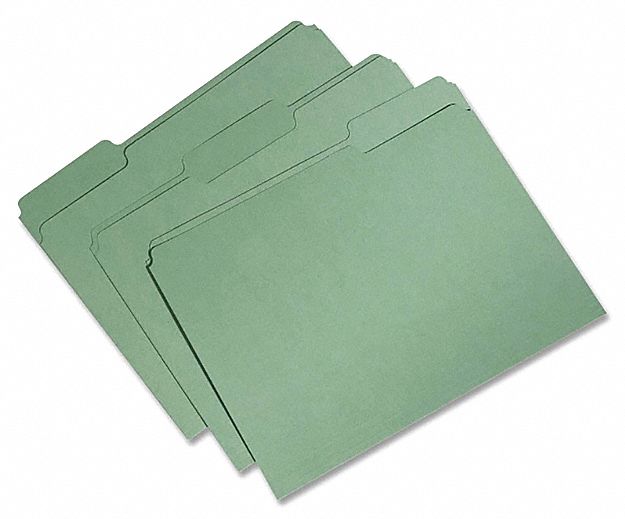 File Folders: 8 1/2 in Ht, 11 in Wd, Green, 11 pt. Stock, Top Tab Location, 100 PK