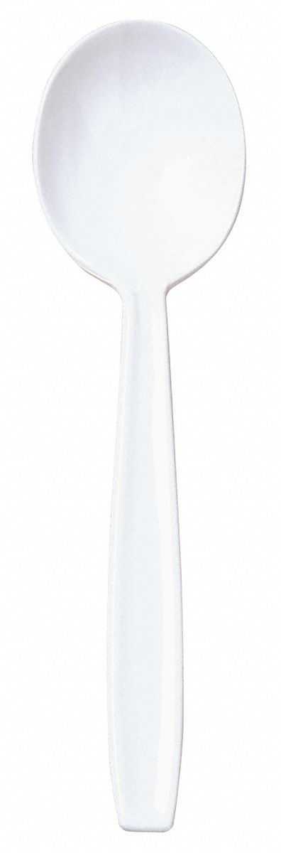 Disposable Soup Spoon: White, Medium-Wt, Plastic, Unwrapped, 100 PK