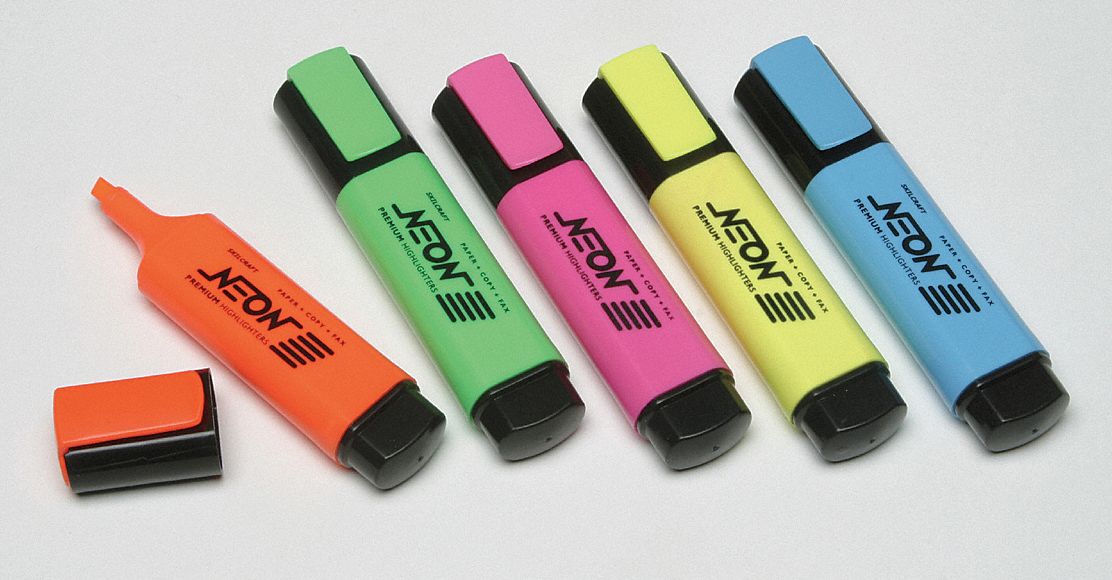 Highlighter: Blue/Green/Orange/Pink/Yellow, Assorted, Chisel, Capped, Wide, Std, 5 PK