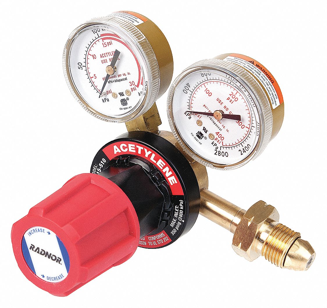 RADNOR Acetylene, Gas Regulator, CGA-510, Single Stage, Forged Brass, 2 ...