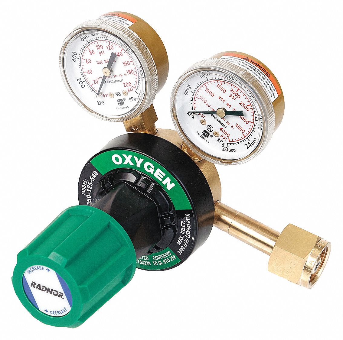 RADNOR Oxygen, Gas Regulator, CGA540, Single Stage, Brass, 5 to