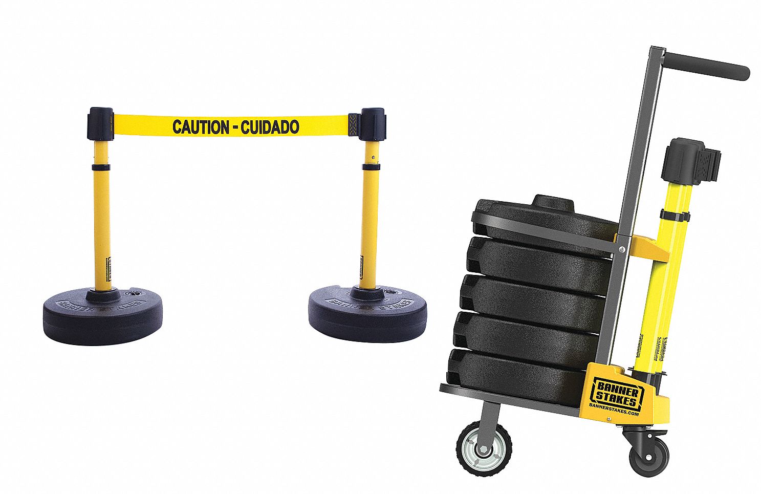 Belt Barrier System: 42 in Post Ht, 15 ft Belt Lg, Yellow, 2 No. of Posts, Message, Fillable Base
