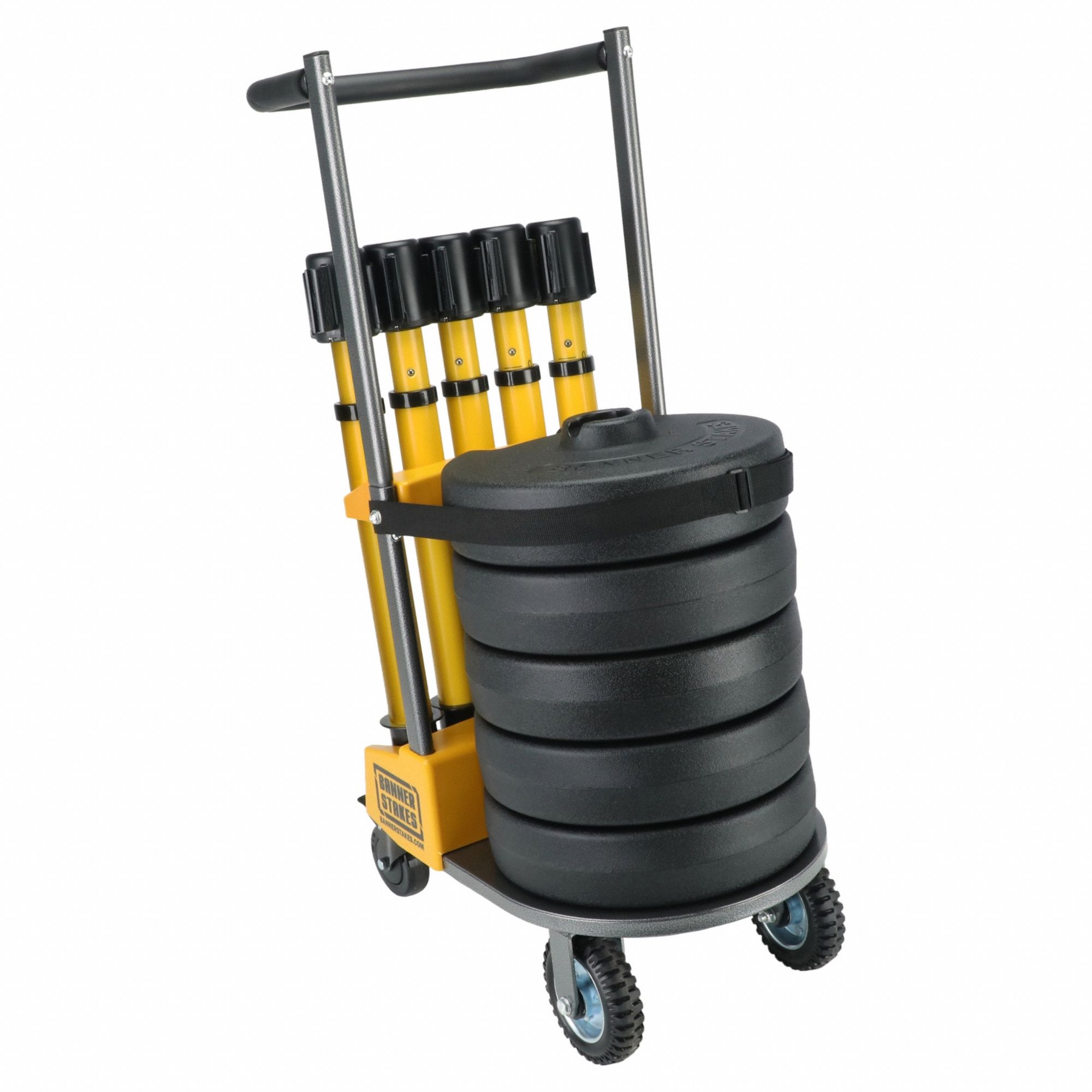 Belt Barrier System: 42 in Post Ht, 15 ft Belt Lg, Yellow, 2 No. of Posts, Message, Fillable Base