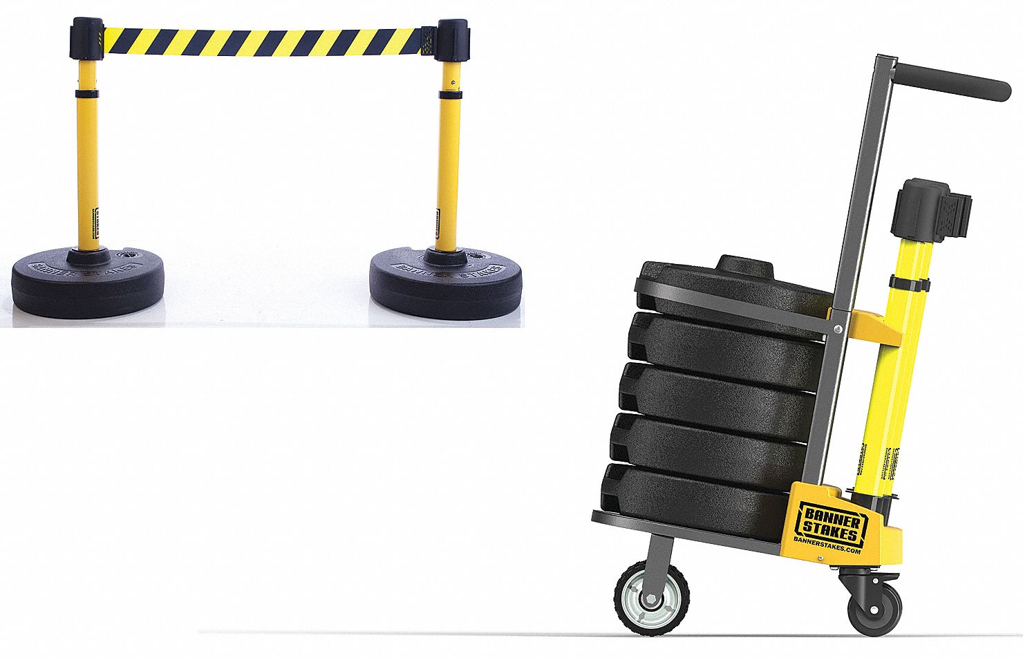Belt Barrier System: 42 in Post Ht, 15 ft Belt Lg, Black/Yellow, 2 No. of Posts, Pattern, No Message
