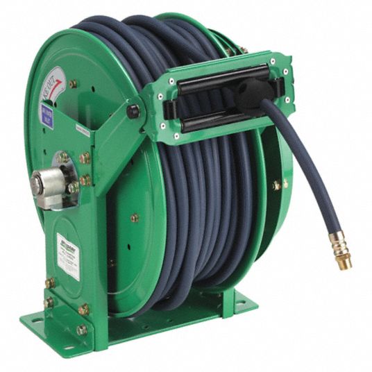 Spring Return Hose Reel: 100 ft (3/8 in I.D.), 3/8 in MNPT, 300 psi Max Op  Pressure, Brass, Green