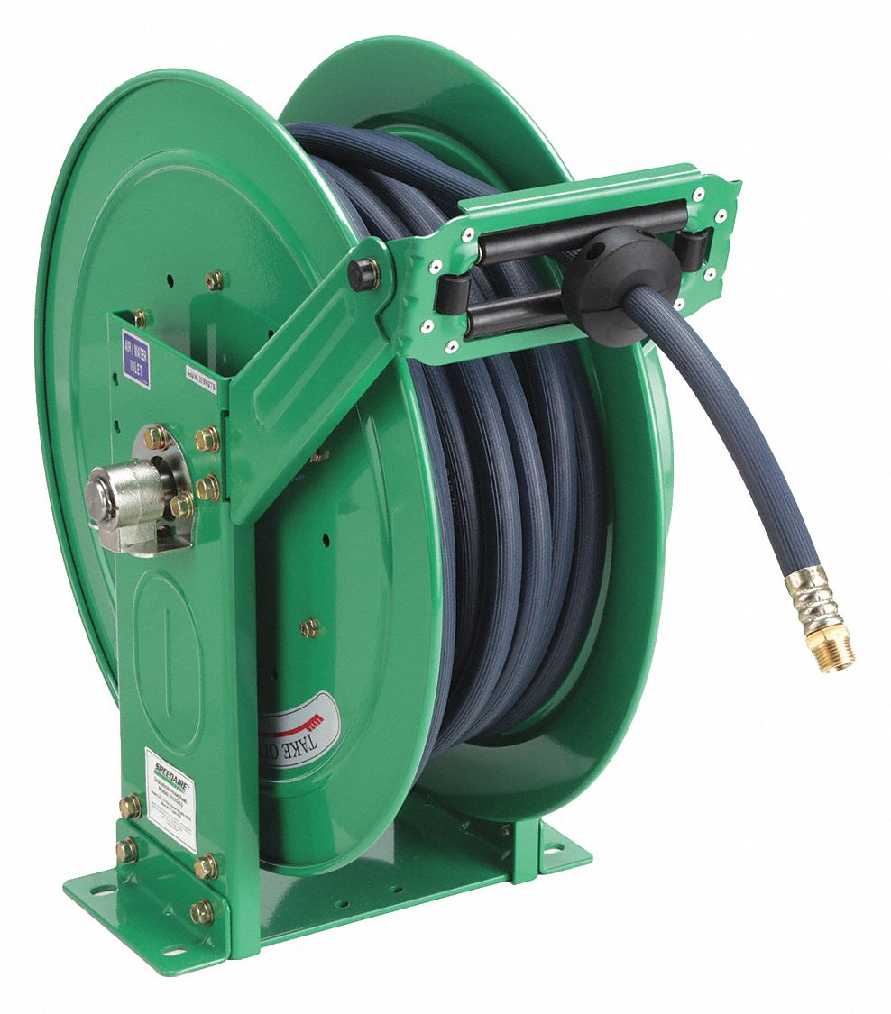 Spring Return Hose Reel: 75 ft (1/2 in I.D.), 1/2 in MNPT, 300 psi Max Op Pressure, Brass, Green
