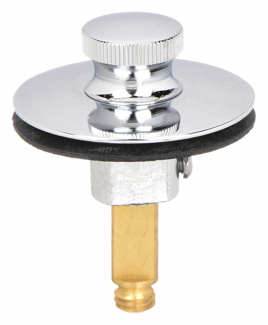 Drain Stopper: Brass, Brass, 2 in Overall Dia, Pop Up, 1 1/4 in Fits Drain Size