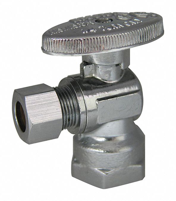 WATER SUPPLY STOP: ½ IN FIP, ⅜ IN COMPRESSION, CHROME-PLATED BRASS, ANGLE BODY, ¼-TURN