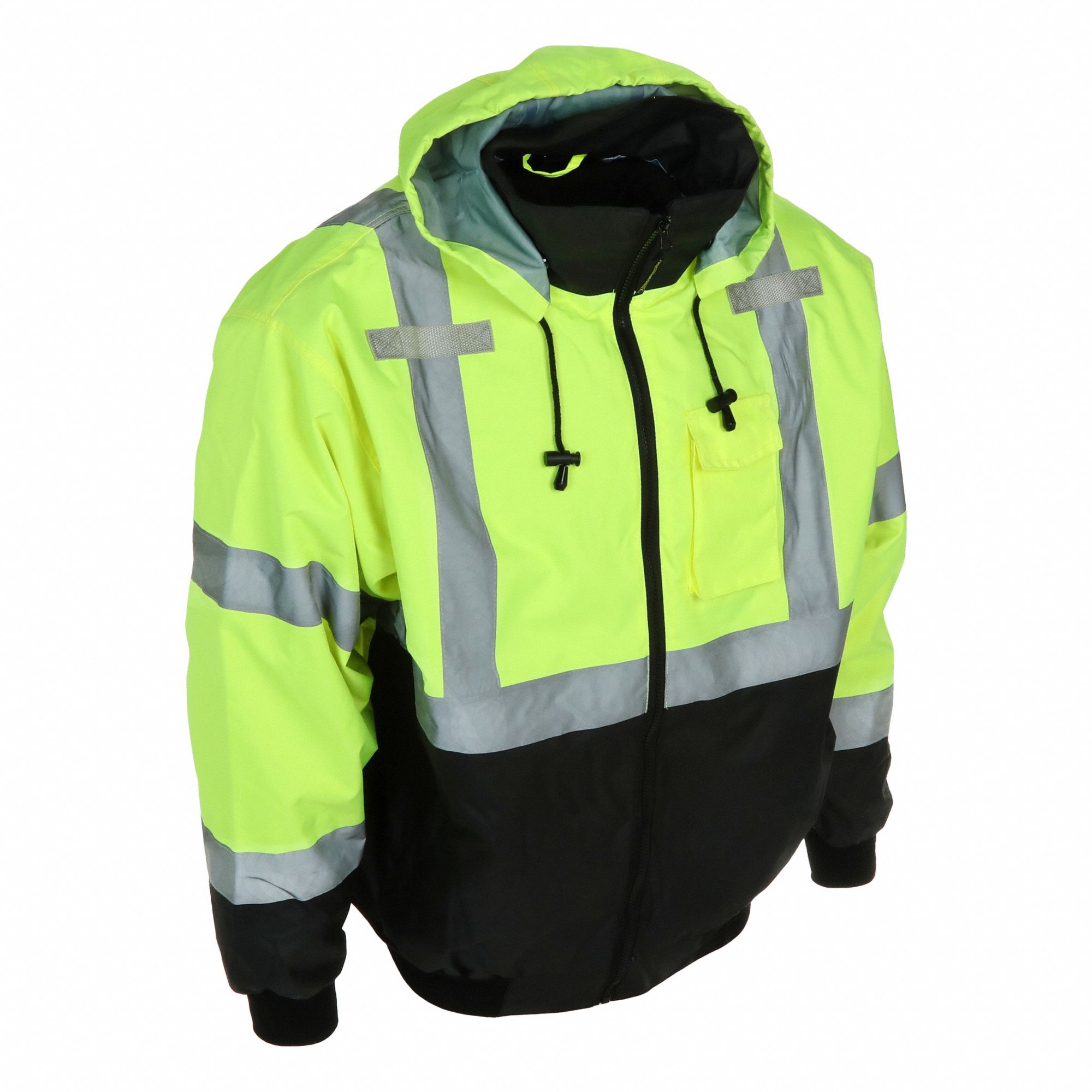 Jacket: U, ANSI Class 3, 2XL, Yellow, 1° to 46° F, Zipper, 6 Pockets, Bomber Jacket Jacket