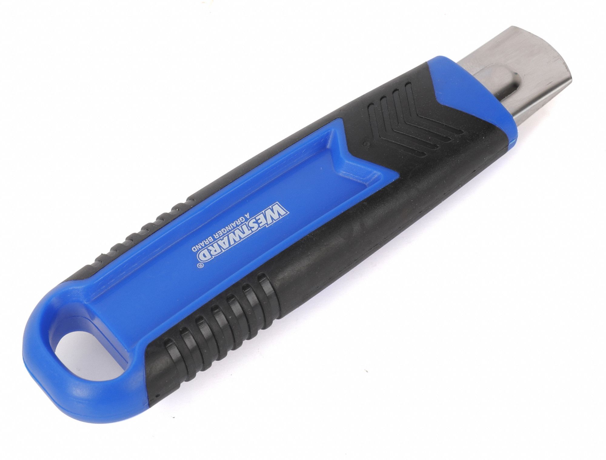 Safety Knife: 5 1/2 in Overall Lg, Rubberized, 1 1/4 in Overall Wd, Plastic, Black/Blue