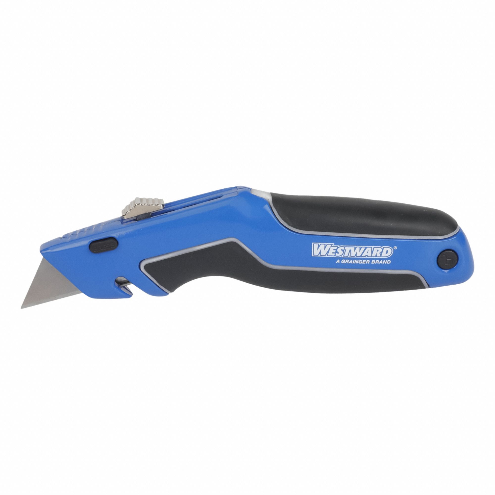 Utility Knife: 6 1/2 in Overall Lg, Steel Std Tip, Rubberized, Plastic, Black/Blue