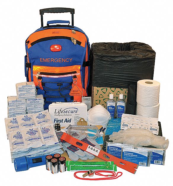 Group Emergency Survival Kit: 145 Components, 30, Blue and Orange, 21 in Ht, 13 in Wd